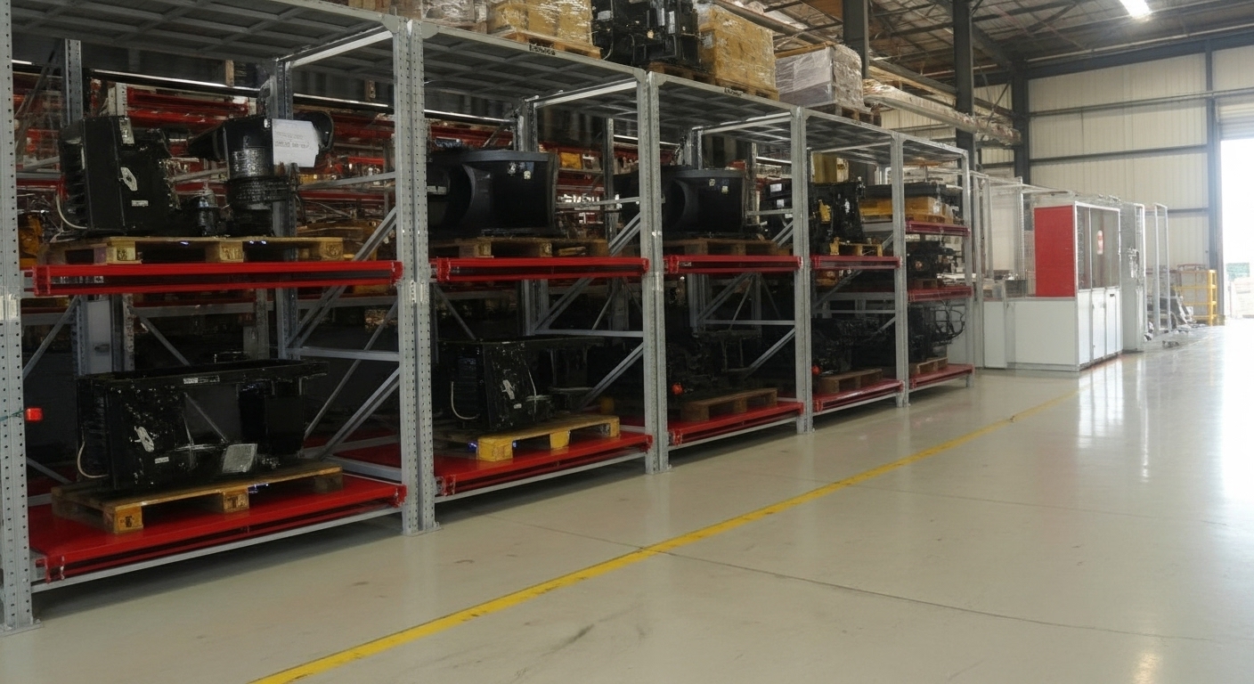 Porta-moldes robusto e organizado em ambiente industrial.