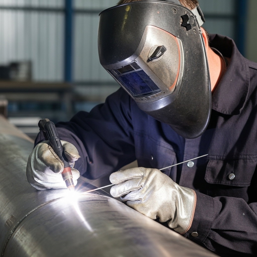 Detalhe de solda TIG de precisão em aço inox.